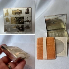 Chicago Illinois Compact Gold & Silver Tone Landmarks Mirrored Powder Box