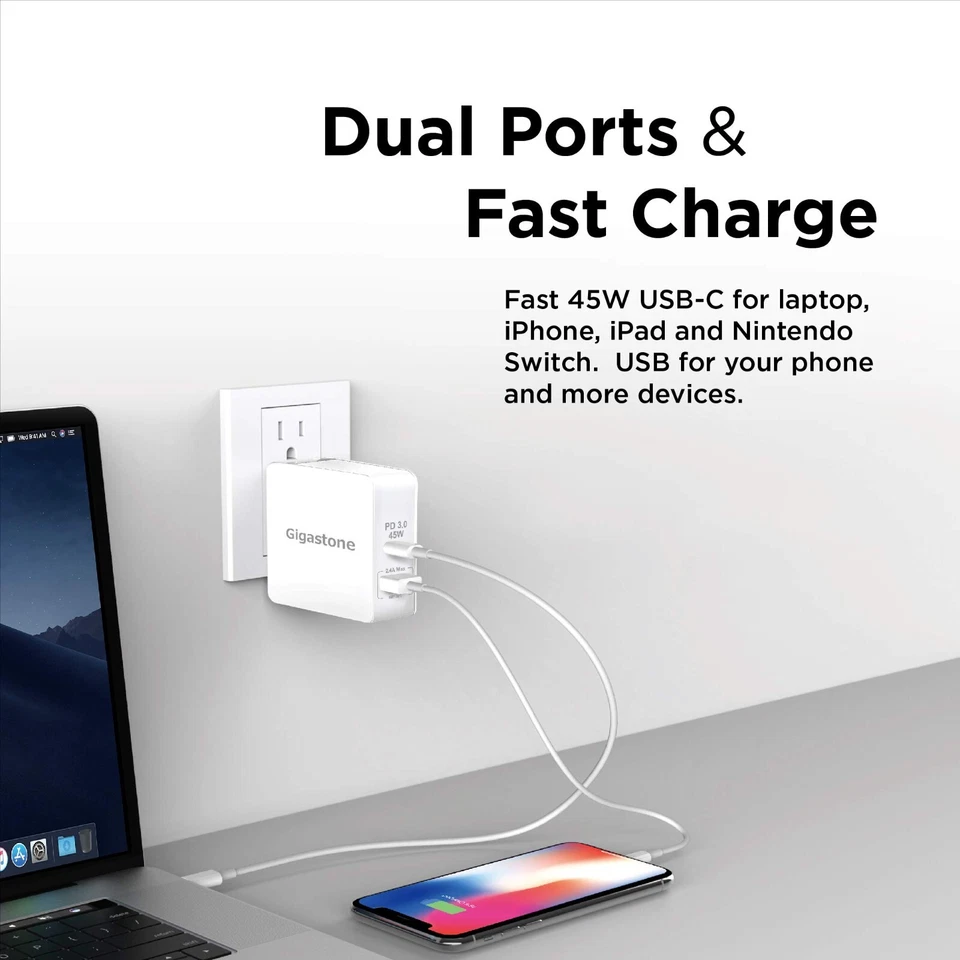 Cargador de Pared Gigastone USB-C 60W Entrega de Energía PD 3.0 45W Carga Rápida, Plegable Foto 2 de 4