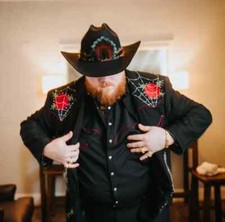 Men 2Pc Black Snake Rose Embroidered Design Country Western Cowboy Prom Outfits