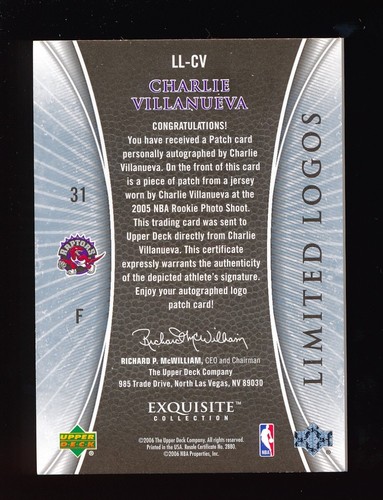 CHARLIE VILLANUEVA 2005-06 EXQUISITE LIMITED LOGOS PATCH AUTO RC 31/50 (JERSEY # - Picture 2 of 2
