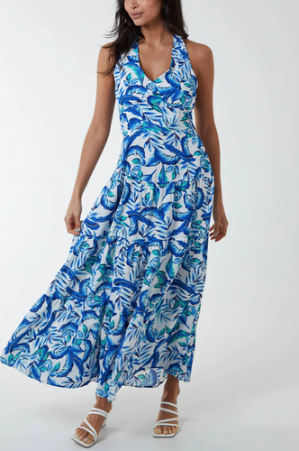 New Women Blue Floral Halter Neck Layered Peplum Maxi Dress.UK 8 10 12 14 16 - Picture 3 of 7