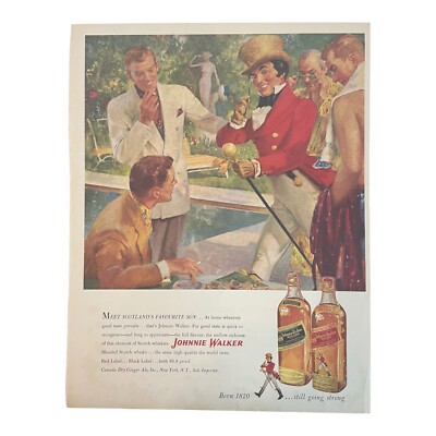 Vintage 1951 Johnnie Walker Whiskey Red Black Print Ad Scotland's Favourite Son