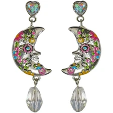 Kirks Folly Sugar Skull Crescent Moon with Flowers Pierced Earrings Silvertone