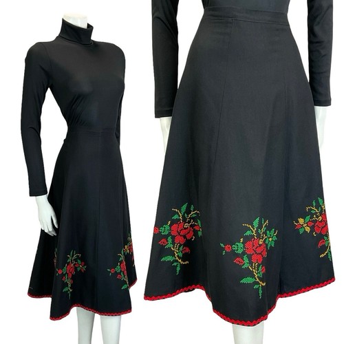 VINTAGE 60ER 70ER JAHRE SCHWARZ ROT GRÜN GELB BESTICKT ROSE FOLK BOHO ROCK L 16 18