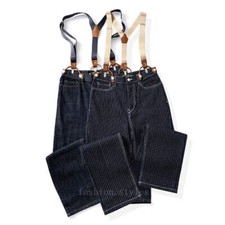 Mens Retro Railroad Striped Denim Overalls Straight Leg Jeans Cargo Work Pants