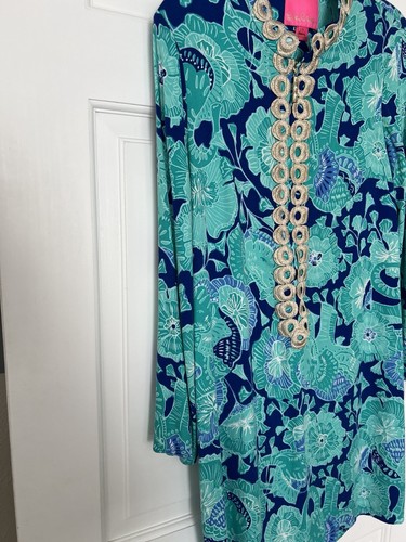Lilly Pulitzer Tropical Print Tunic Zipper Dress Blue & Gold - Sz 6 - Picture 5 of 9