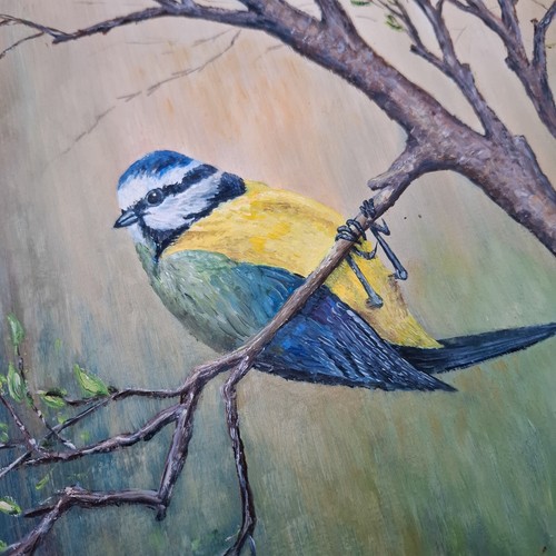 Vintage Birds Oil Painting Blue Tits Signed Framed British Artist 1989 - Imagen 14 de 16