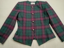 Vintage 80's Le SUIT Polyester Wool Multi Plaid Green  Red Blazer Jacket Size 8