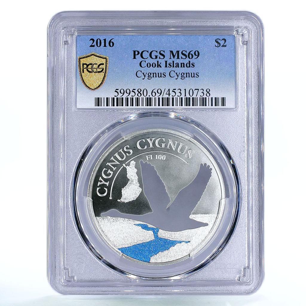 Cook Islands 2 $ Cygnus Sapphire Swan Bird Fauna MS69 PCGS silver