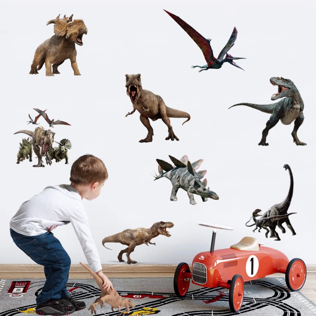 Autocollant mural jungle animaux réaliste en vinyle lavable avec grand dinosaure 3D