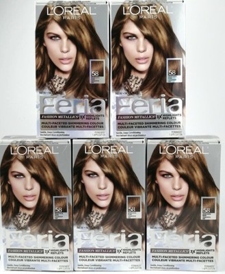 5 X L'Oreal Paris Feria #58 Medium Golden Brown Bronze Shimmering Hair Color Dye