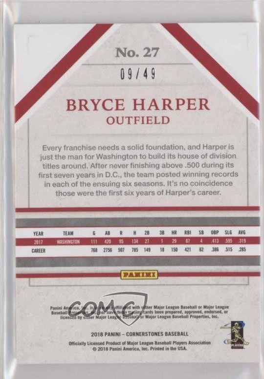 2018 Panini Chronicles Cornerstones Quartz /49 Bryce Harper #27 - Image 2 of 2