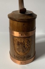 Vintage German Zodiac Skorpion  Wooden Beer Steins Copper Trim Lidded