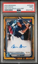 2024 BOWMAN CHROME PRSPCT AUTOS HTA GOLD LAVA #CPASS SAM SHAW 16/50 PSA 9