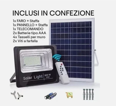 - SENZA MARCA//GENERICO - Faro Solare LED 800W + Pannello e Telecomando Impermeabile IP67 Esterno Giardin