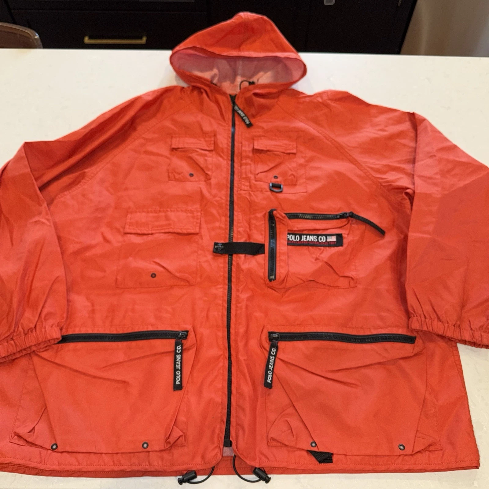 Vtg Polo Jeans Co Black Orange Lightweight Nylon Jacket Windbreaker XL Sm Hole