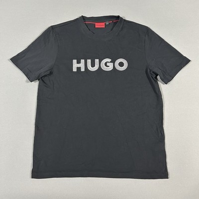 Hugo Boss Shirt Mens Medium Black Embroidered Cotton Short Sleeve Crew Neck