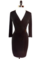 CALVIN KLEIN Size 8 Sheath Dress Black 3/4 Sleeve Stretch Knit Gold Buckle