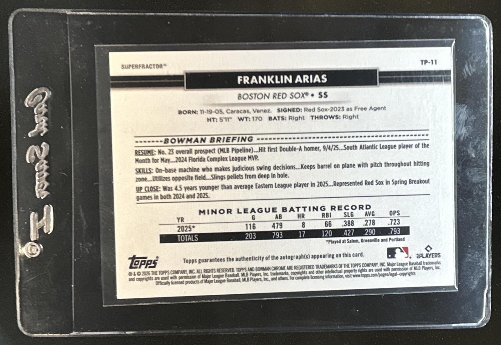 2026 Topps Chrome NSCC Franklin Arias Bowman Chrome Auto SuperFractor #1/1 view 2