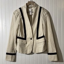 Ann Taylor LOFT Cream Navy Trim Blazer Size 4 Cotton Jacket Preppy Nautical NWT