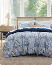 Queen Duvet Cover Set 100 Cotton Blue Paisley Floral 3 Piece 90x90 Zipper Ties