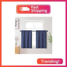 WelvetBLK Blue Short Curtains Tier 30 Inch Length 2 Panels Set, Faux Linen Textu
