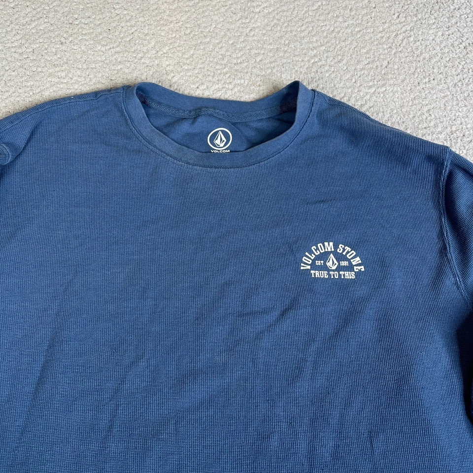 Volcom Thermal Shirt Mens XXL Blue Waffle Knit Long Sleeve Graphic Surf Skate - Image 2 of 4