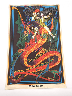 Vintage Black Light Poster Flying Dragon 1970's AA Sales Seattle 17'' x 11''