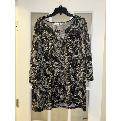 Kim Rogers women s black/white paisley print blouse gold accent 3/4 sleeve 3XL