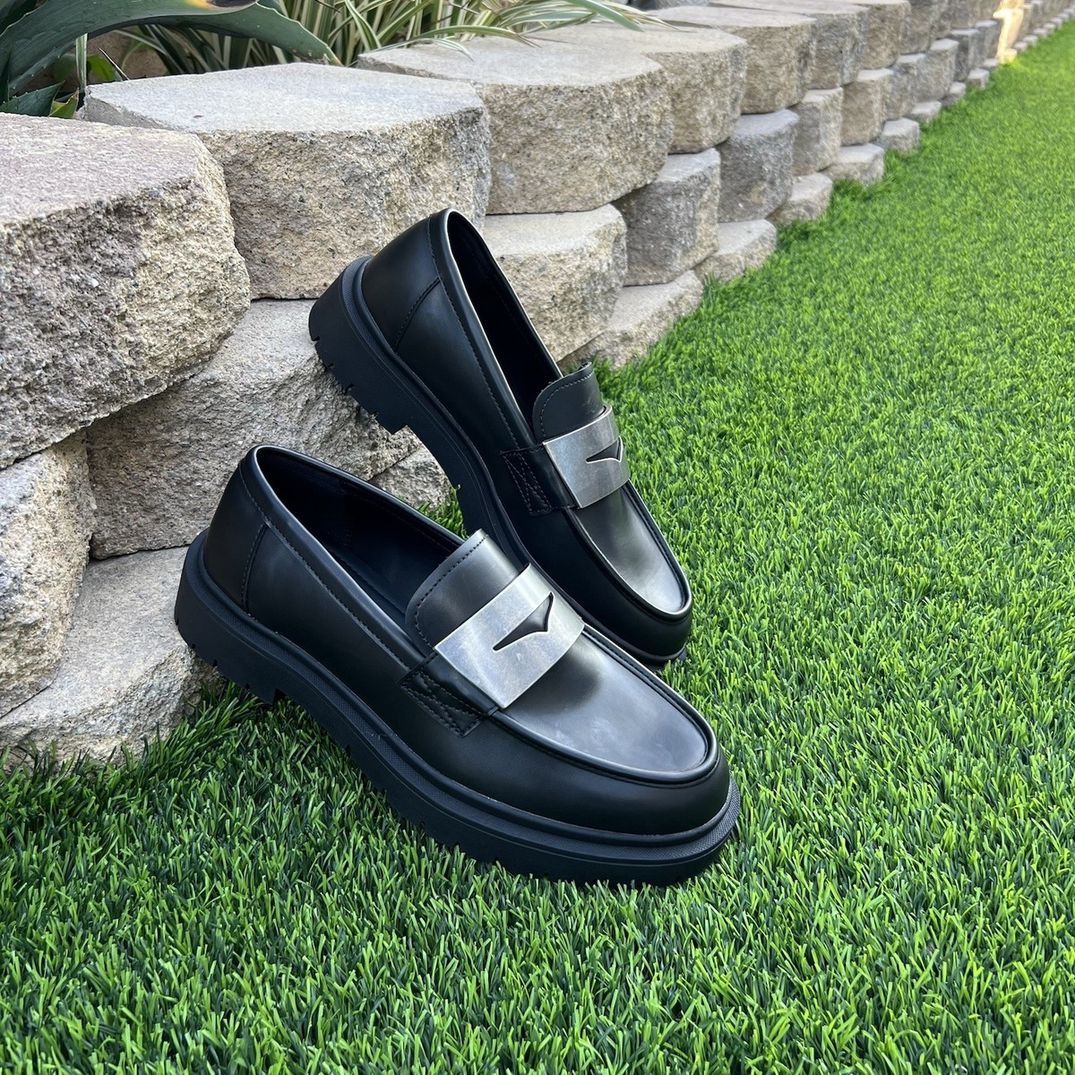 Zara Men's Black Loafers Metal Snaffle Trim Chunky Track