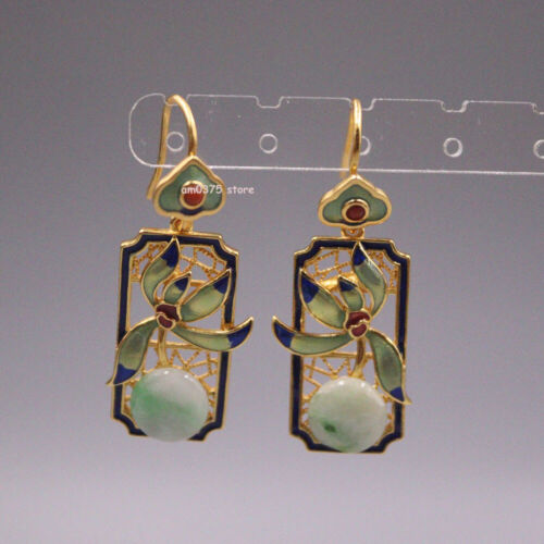 18K Gold Cover Real 925 Sterling Silver Women Paint Lotus Jadeite Earrings Hook - Picture 4 of 5