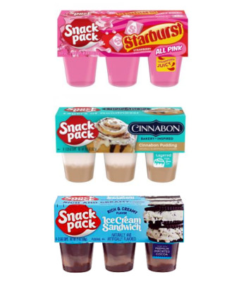 3 Snack Pack Dessert Cups (6 Count) Strawberry, Cinnabon or Ice Cream Sandwich