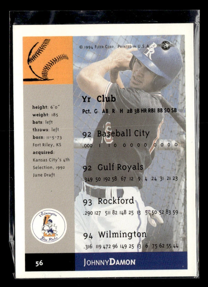 1994-95 Fleer Excel #56 Johnny Damon Card Wilmington Blue Rocks - Image 2 of 2