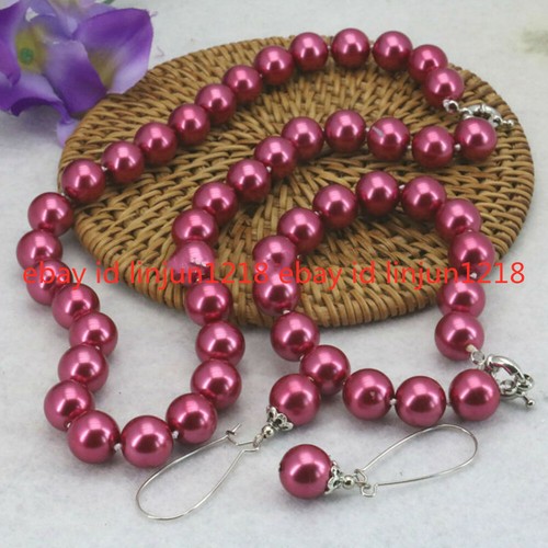 Charming 10mm Rose Red South Sea Shell Pearl Necklace Bracelet Earring Set 18'' - Picture 3 of 12