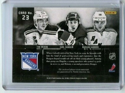 2011-12 Panini Prime Trios Jerseys Prime #23  Hagelin/ Gaborik/ Erixon 12/25 - Picture 2 of 2
