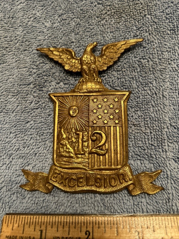 BANNERMAN I. W. “N. Y.” M1881 BRASS HELMET PLATE “12” REGT… EXCELLENT/ A BEAUTY…
