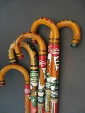 Hand Carved Wooden Cane Walking Stick Mexican Aztec Hand Painted Mexico ONE Cane