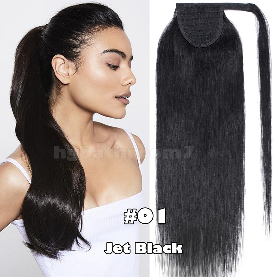 100% Human Hair Virgin Ponytail Extensions Thick Remy Ponytails Black ...