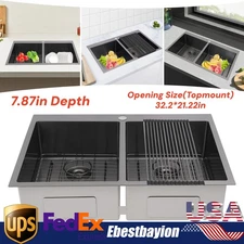 33"x22" Drop in Kitchen Sink Double Bowl Stainless Steel Kitchen Sink W/ Grid