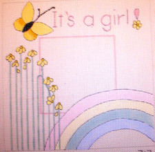 YUDI HP IT'S A GIRL  RAINBOW FLORAL PICTURE FRAME NEEDLEPOINT CANVAS DESIGN