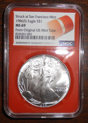 1986 (S) AMERICAN SILVER EAGLE NGC MS 69 STRUCK AT S.F. ORIG. MINT