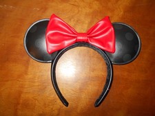 Disney Parks Minnie Mouse Black Polka Dot Vinyl Red Bow Ears Headband