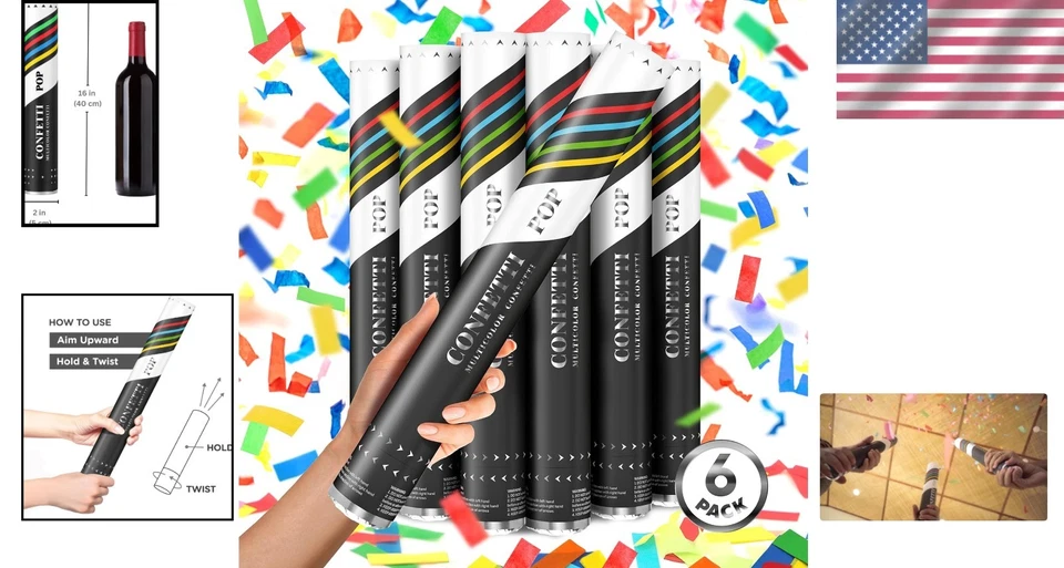 Cañón de confeti 16 pulgadas multicolor biodegradable fiesta poppers paquete de 6 Foto 2 de 4