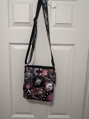 Ed Hardy Crossbody Rhinestone Skull Flowers Charm Black Lavender Y2K Design NWT