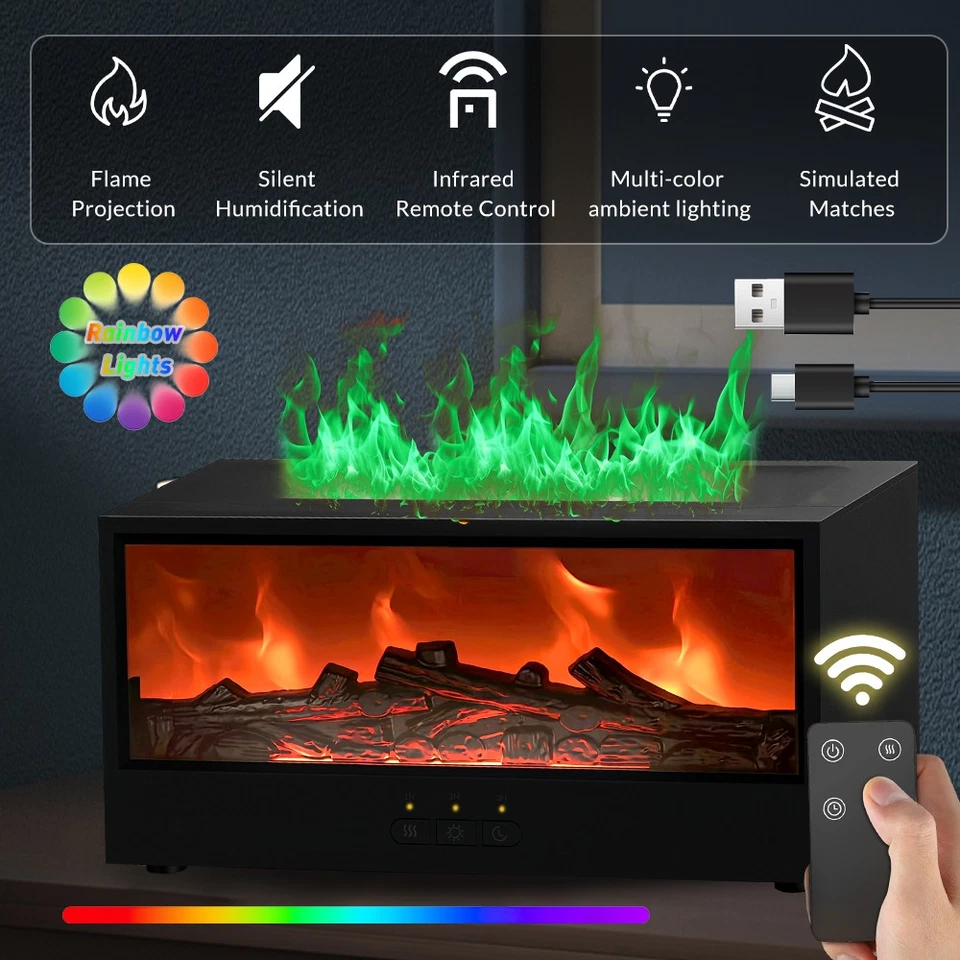 Fireplace Humidifier Diffuser, 7 Colors Flame Diffuser for Essential Oils Black - Image 2 of 4