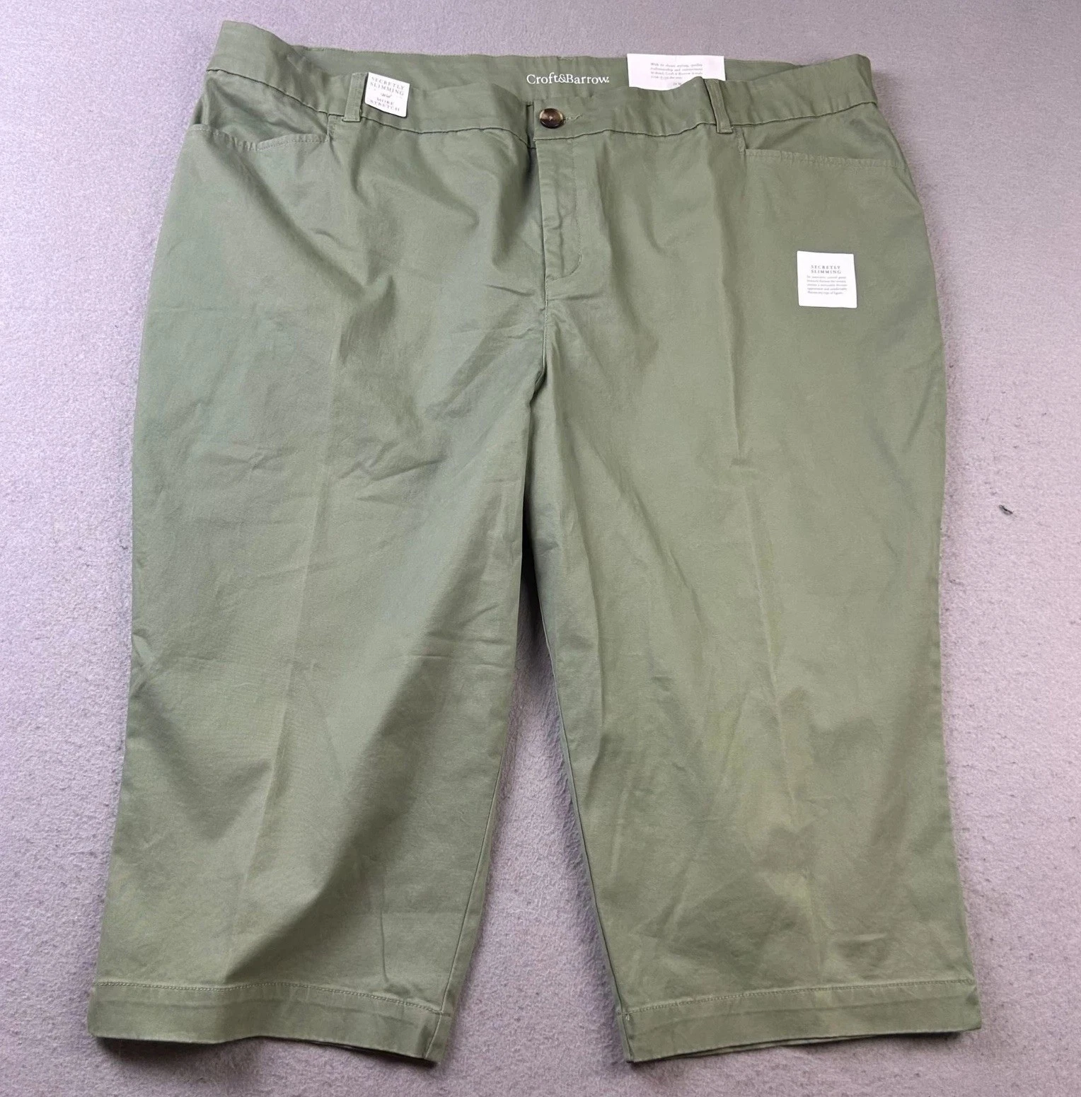 Croft Barrow Pants Womens 24W Green Stretch Flat Front Capri Chino NWT