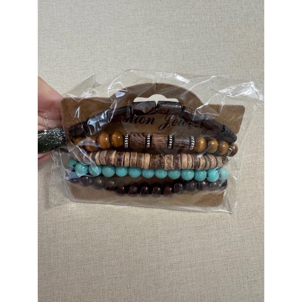 Men's 5 Piece Beaded Stretch Bracelet Set Wood Turquoise Brown Black New - Image 4 of 4