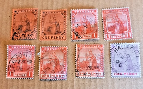 8 One Penny Trinidad Britannia Postage Stamps  Colonial Stamps #E