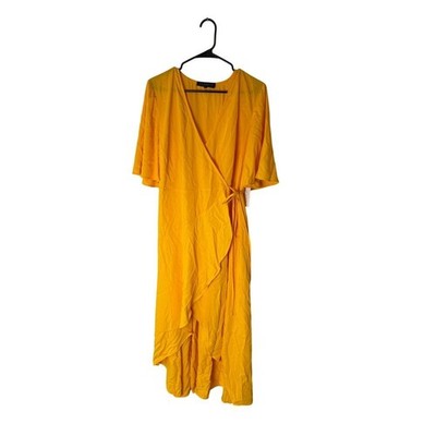 Eloquii Wrap Dress Womens 14 Gold High Low Hem Flutter Sleeve Bright New