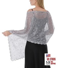 Elegant Evening Shawl Wrap, Sparkly Sequined Chiffon Wedding Shawl with Silver